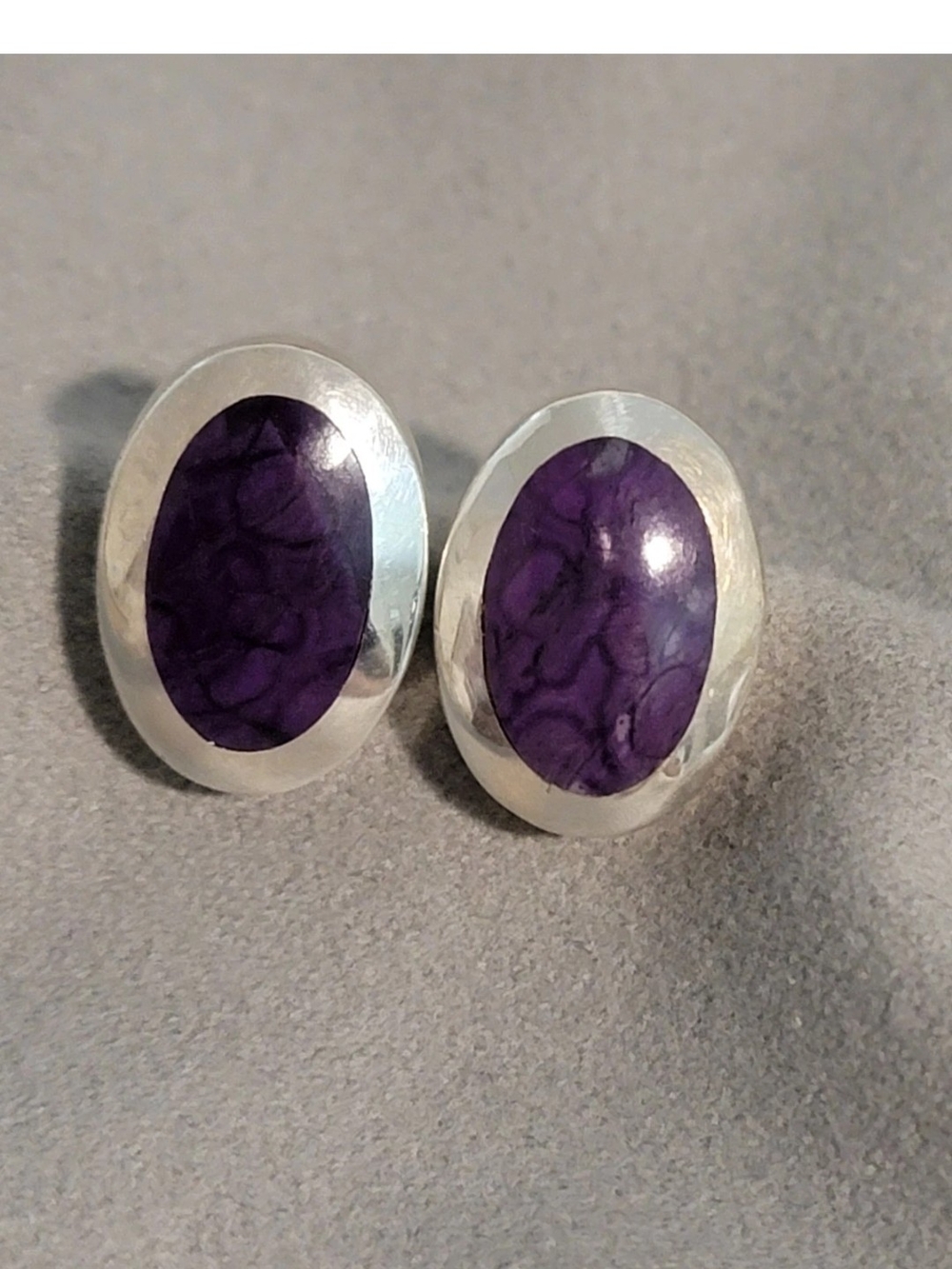 Silver Oval Stud Earrings with Deep Purple Stones